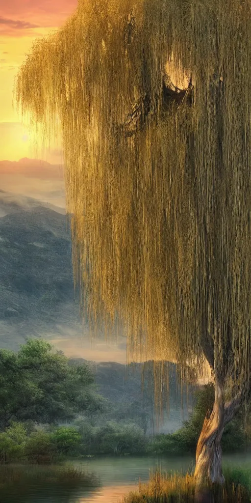 Image similar to featured on artstation majestic willow tree overlooking swirling river at sunset, beautiful image stylized digital art