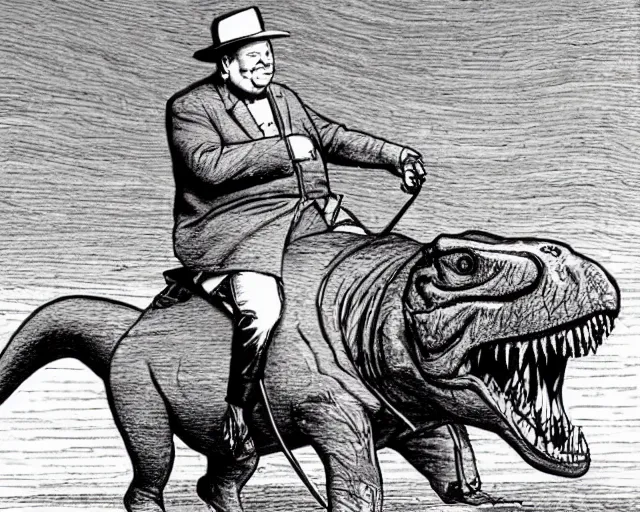 Image similar to Winston Churchill riding a T-Rex, painting by Jean Giraud