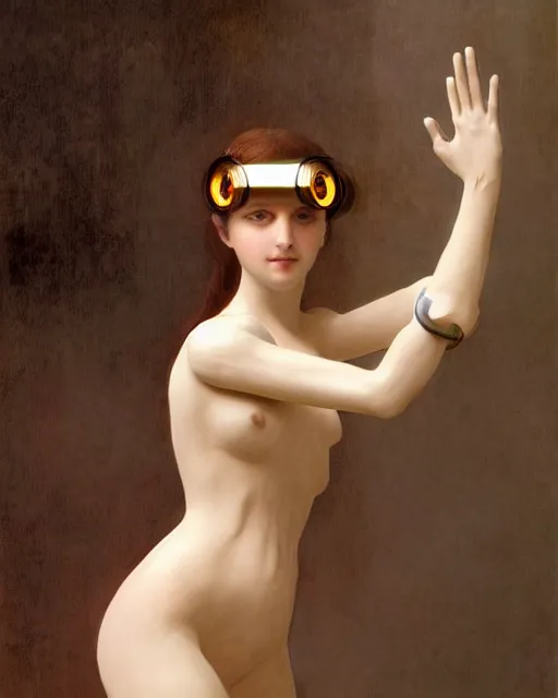 Prompt: girl with bright solarpunk mecha humanoid robotic parts with led lights, pudica pose gesture, by bouguereau, ultra - realistic and intricate, hdr 8 k