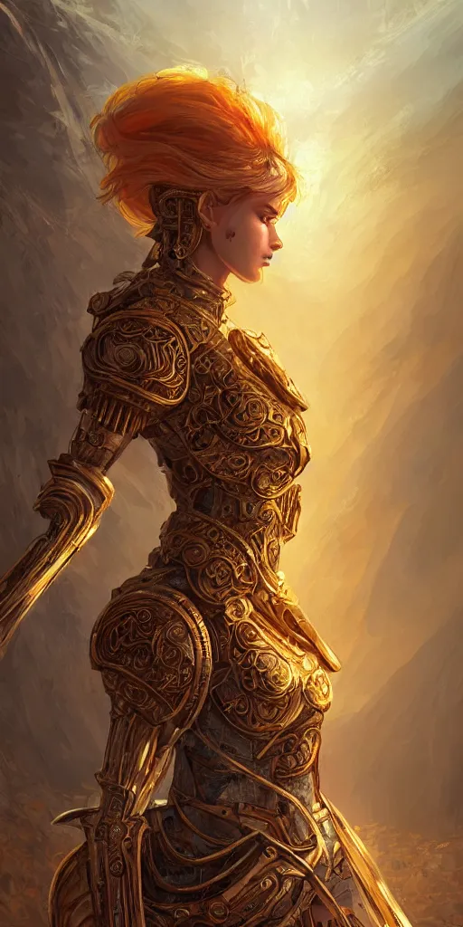 Image similar to portrait knights of zodiac girl, golden and copper shining armor, in ruined agora of athens sunrise, ssci - fi and fantasy, intricate and very very beautiful and elegant, highly detailed, digital painting, artstation, concept art, smooth and sharp focus, illustration, art by ilya kuvshinov and tian zi and wlop and z - - ed