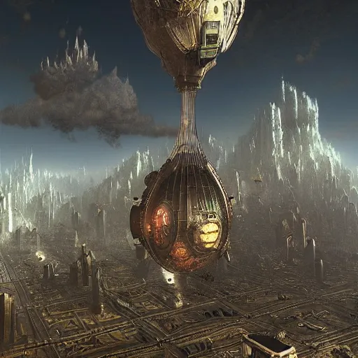 Image similar to enormous flying city in a faberge egg, sky, steampunk, fantasy art, masterpiece, hugh ferriss, unreal engine, peder balke