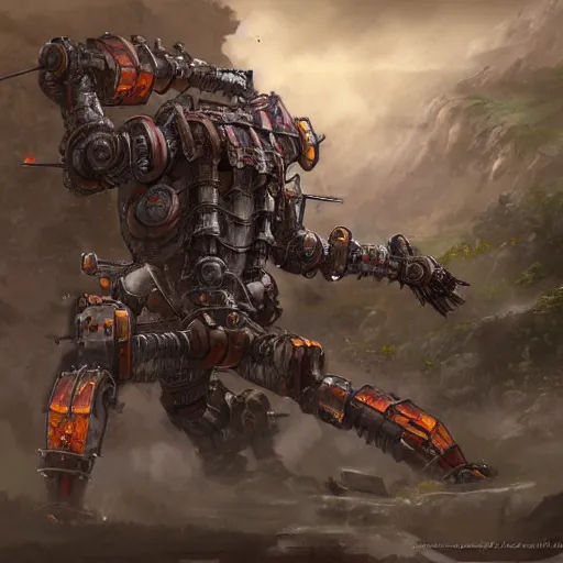 Image similar to portrait concept painting of a rampaging ashigaru mecha war construct, destroying a small village fantasy painting, dungeons and dragons, magic the gathering art, of bamboo, laquer and steel, steampunk - inspired by brian froud and greg rutkowski and jessica rossier