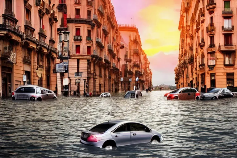 Image similar to touristic ads to visit a catastrophic barcelona, buildings covered with high water, floating cars, sunset lighting, photo real