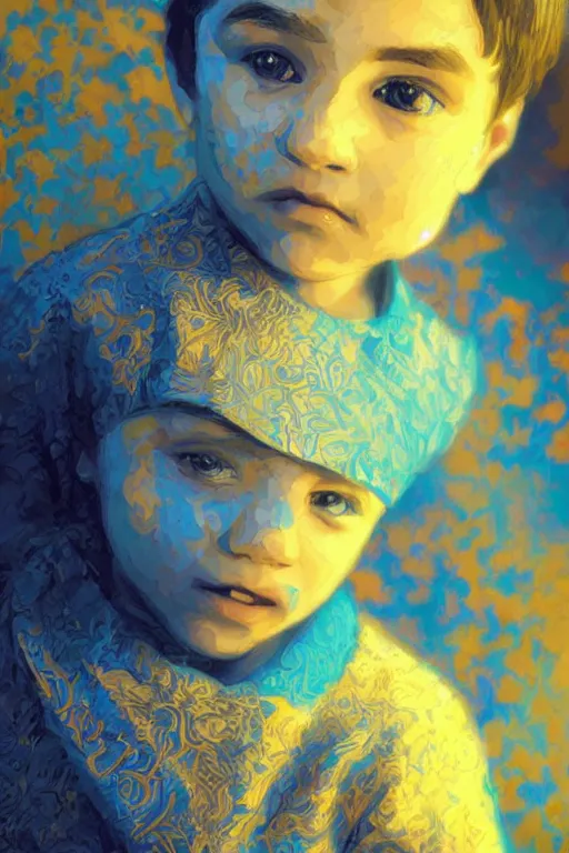 Image similar to little boy, close - up portrait, the portrait is decorated with blue and gold art deco patterns, powerfull, intricate, elegant, volumetric lighting, scenery, digital painting, highly detailed, artstation, sharp focus, illustration, concept art, ruan jia, steve mccurry