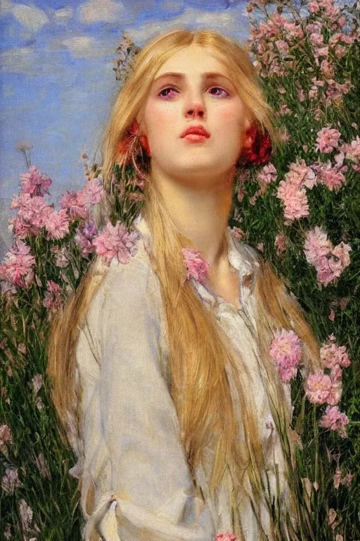Prompt: close - up fashion blonde woman portrait airy flowers cloudy sky art by vasnetsov