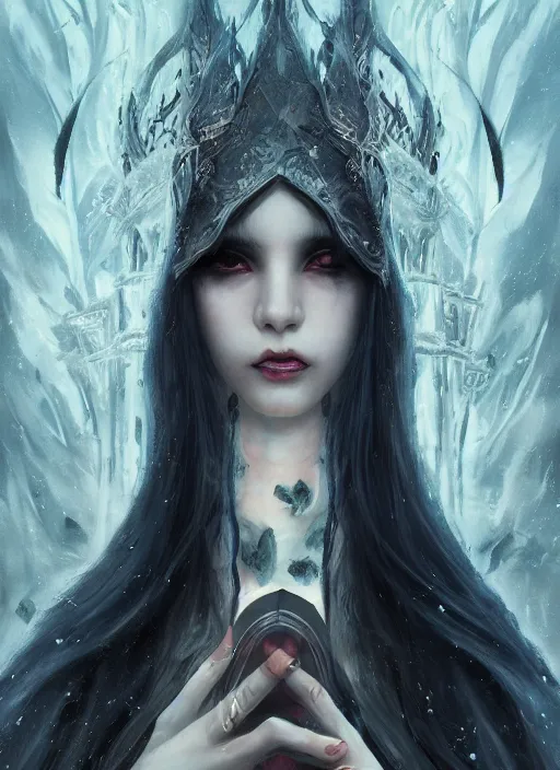 Image similar to breathtaking detailed painting of evil fantasy sorceress, dark castle setting, with anxious, piercing eyes, Atari game cover art by Hsiao-Ron Cheng, James jean, Miho Hirano, Hayao Miyazaki, extremely moody lighting, hyperrealistic, octane render, RPG portrait, ambient light, dynamic lighting
