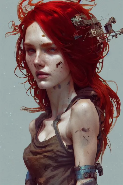 Image similar to A full portrait of a beautiful post apocalyptic red haired, gap toothed, freckled explorer, intricate, elegant, highly detailed, digital painting, artstation, concept art, smooth, sharp focus, illustration, art by Krenz Cushart and Artem Demura and alphonse mucha