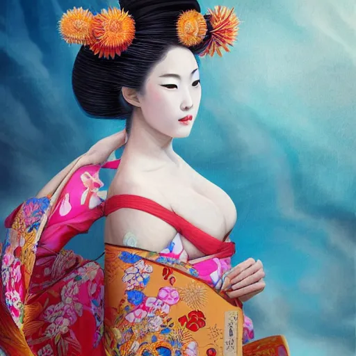 Image similar to Very very very very highly detailed epic central composition studio photography of A Japanese geisha in a colorful bikini, intricate, medieval, extremely detailed, digital painting, artstation, concept art, smooth, sharp focus, illustration, studio lighting, incredible art by Anna Dittmann and Anton Pieck