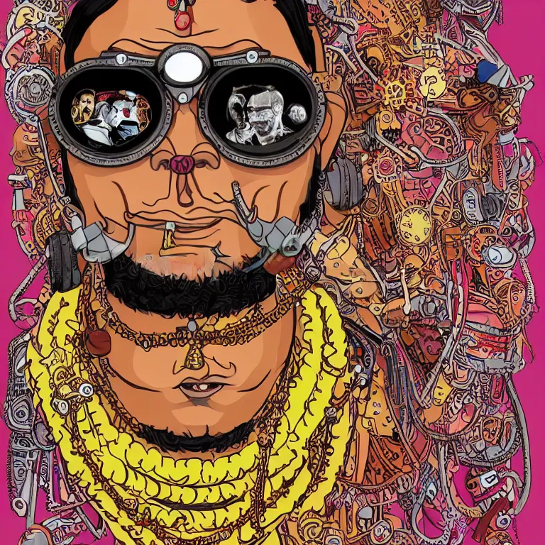 Image similar to face portrait of an indian man with long neon moustache rajasthani pagdi wearing madmax style steampunk goggles and steampunk jewelry, art by butcher billy, sticker, colorful, illustration, highly detailed, simple, smooth and clean vector curves, no jagged lines, vector art, smooth