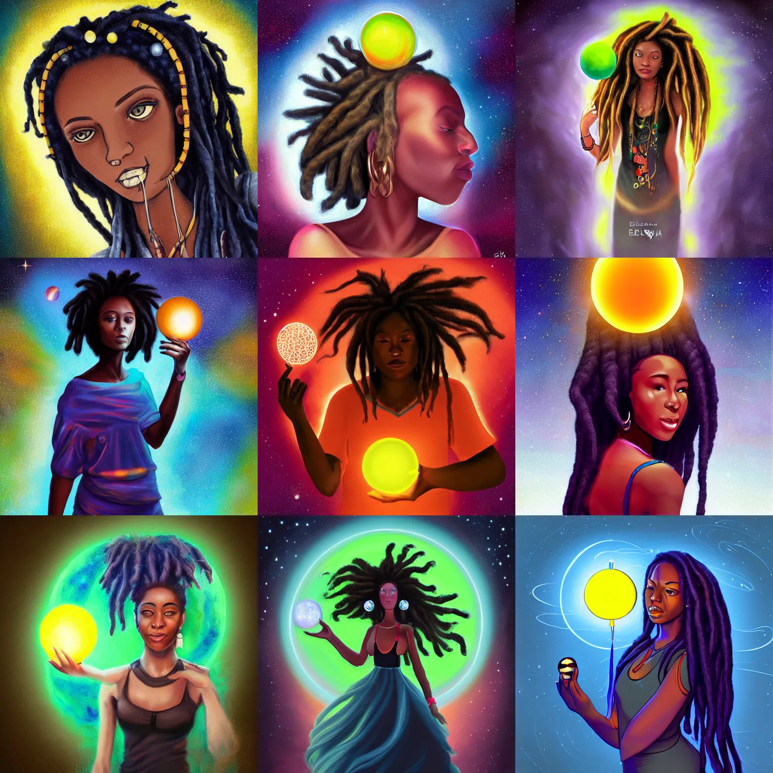 Prompt: a woman with dreadlocks holding a glowing ball, an album cover by ella guru, featured on cg society, space art, digital painting, digital illustration, wiccan