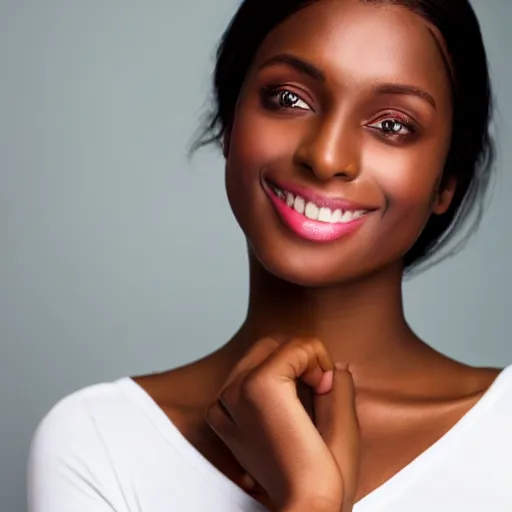 Prompt: feminine looking, darker skin by one tone, attractive neck, dimples