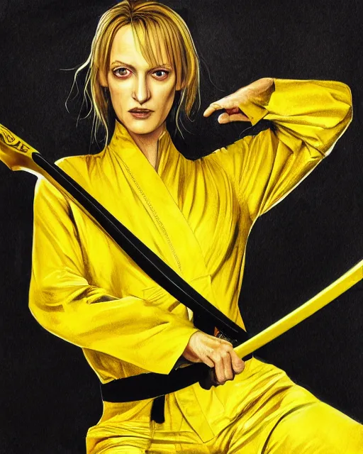 Image similar to drawing of a beautiful uma thurman in kill bill, wearing a yellow jumpsuit with a black stripe, swinging katana, beautiful confident and piercing eyes, beautiful blonde hair, hyper realistic face, with autumn leafs, in the style of greg rutkowski, amazing detail, epic, elegant, smooth, sharp focus, from the front