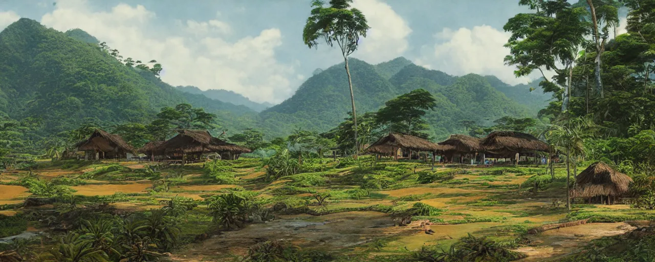 Image similar to a 2D drawing of a beautiful Philippine Rural Town landscape, majestic and exotic, very detailed, 8k, sharp image by hiroshi yoshida