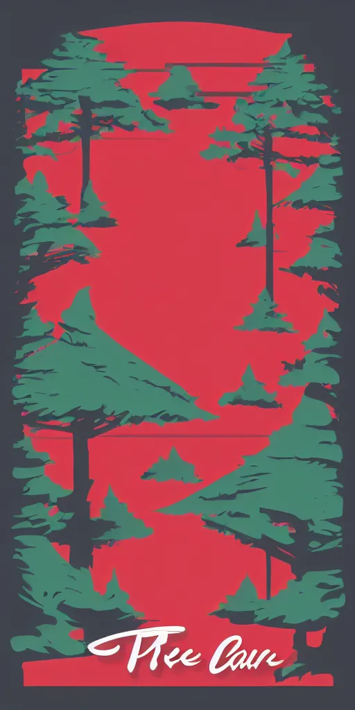 Image similar to shirt design, vector style, two groups of pines, big red sun, fresh modern look, made with photoshop,