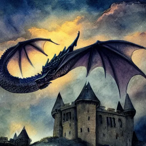 Image similar to a majestic , magnificent dragon flying over a medieval castle under a dark starred sky, dark fantasy, watercolor, dreaming illusion, highly detailed, 4k, trending on Artstation, award-winning