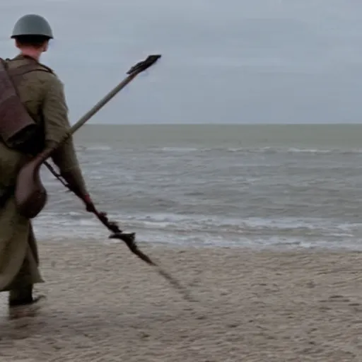 Image similar to film still from Saving Private Ryan of Daniel Radcliffe storming Normandy beach, while riding a magic broom