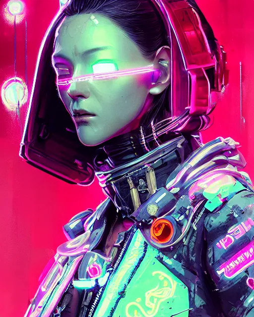 Image similar to detailed full body side profile portrait Neon Operator Girl, cyberpunk futuristic neon, reflective puffy coat, decorated with traditional Japanese ornaments by Ismail inceoglu dragan bibin hans thoma greg rutkowski Alexandros Pyromallis Nekro Rene Maritte Illustrated, Perfect face, fine details, realistic shaded, fine-face, pretty face