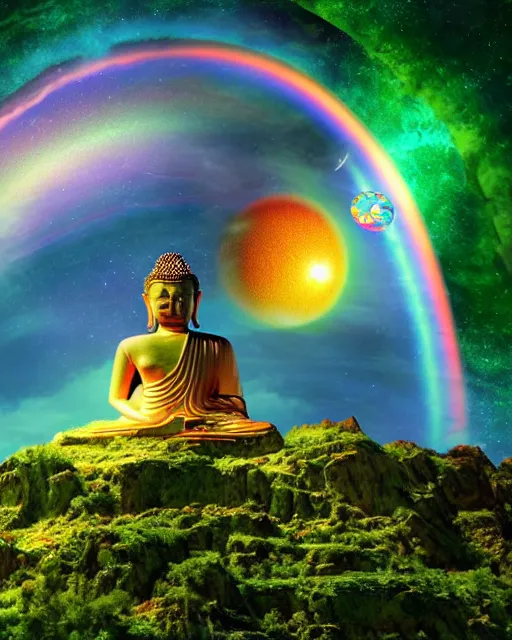 Image similar to the most beautiful star system with large brightly coloared planets, inside of an expansive cave, green tara buddha with a crown of rainbow clouds, coherent design, symmetrical, vivid color, complementary color, golden ratio, detailed, sharp lines, intricate, rainbowshift, by in unreal engine, nvidia, octane render