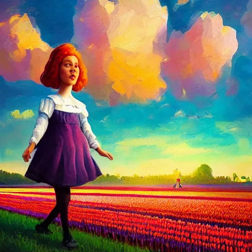 Image similar to dutch girl with singular giant tulip as a head, surreal photography, flower field, sunset dramatic light, impressionist painting, colorful clouds, blue sky, digital painting, artstation, simon stalenhag