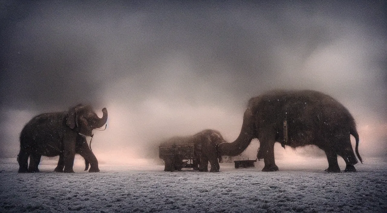 Prompt: “photo color of one biomechanical/mechanical steampunk giant hairy elephant/wagon/mamouth in an arctic storm with fog and blizzard, the mammoth drags old gigantic coal wagons with snow, it's a sunset photo with cold tones, some people around ”