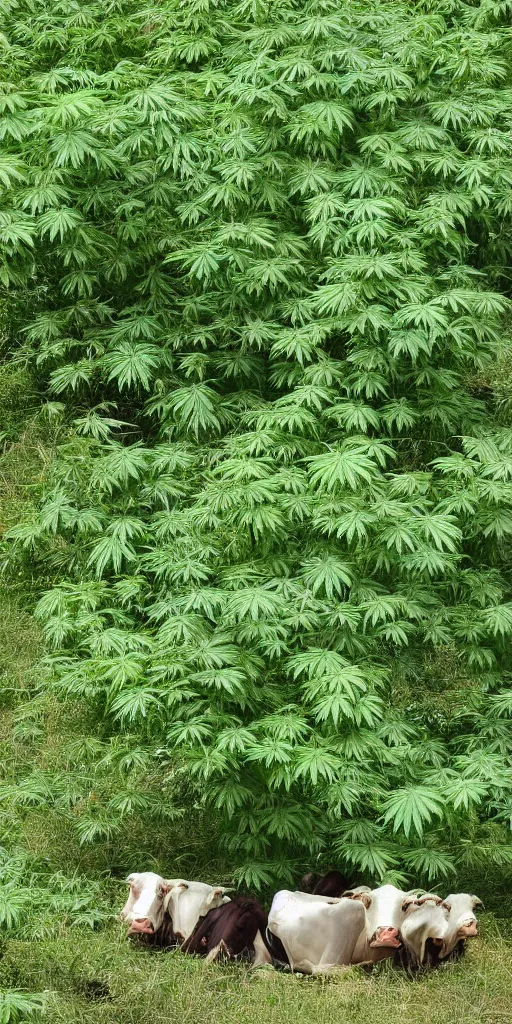 Image similar to giant marihuana plant with cows sleeping in it's shade