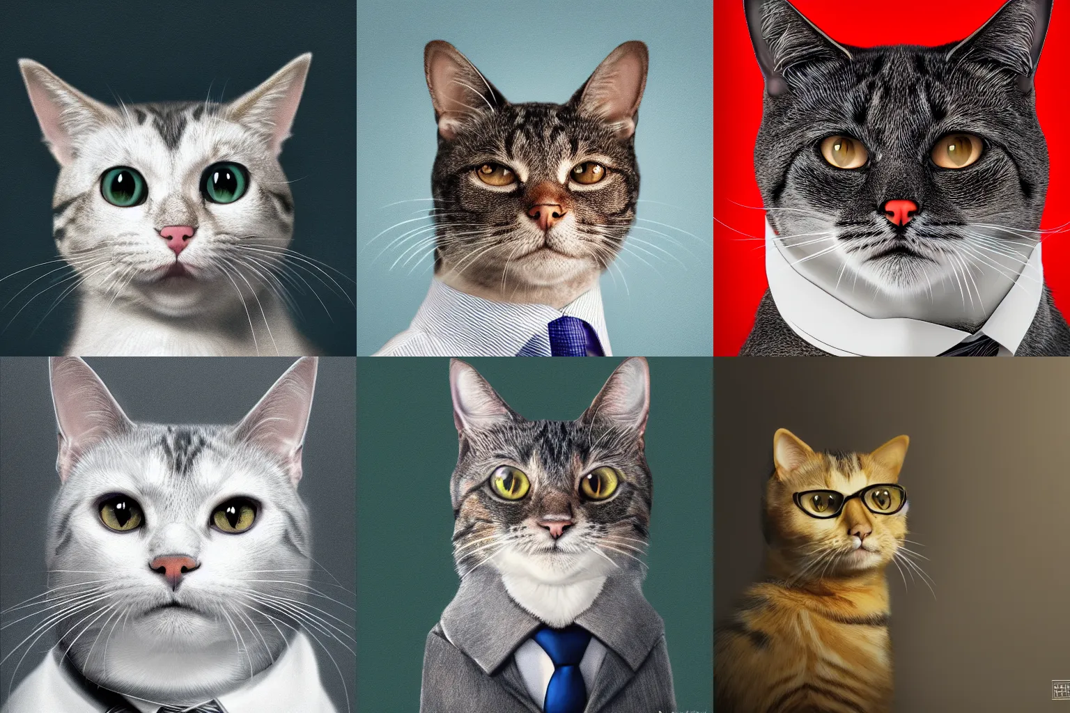 Prompt: portrait of a business cat, super detailed, hyper realism, sharp focus, stylized, boxart, octane, medium shot