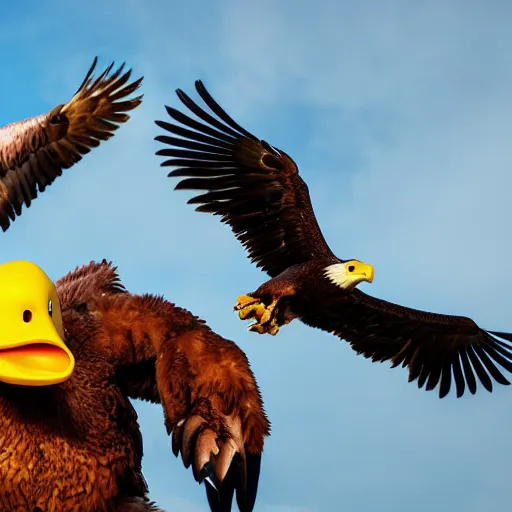 Image similar to cinematic photo of a giant eagle snatching away the oregon duck mascot with its talons. the eagle is lifting the duck into the sky. camera is looking up at the subject in the sky with fancy clouds behind