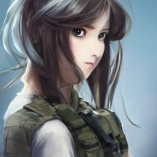 Image similar to soldier girl, concept art, anime style, long hair, hair down, symmetrical facial features, from girls frontline, hyper realistic, pale skin, 4 k, rule of thirds, extreme detail, detailed drawing, trending artstation, hd, fantasy, d & d, realistic lighting, by alphonse mucha, greg rutkowski, sharp focus, backlit, soldier clothing