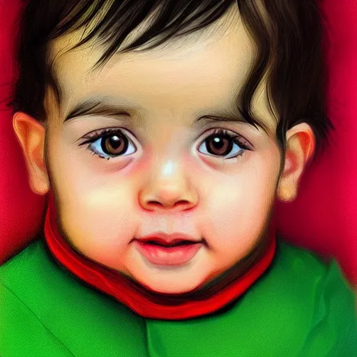 Prompt: a digital portrait of a 1 year old with black hair and bright green eyes, drawn in the style of mark Arian,