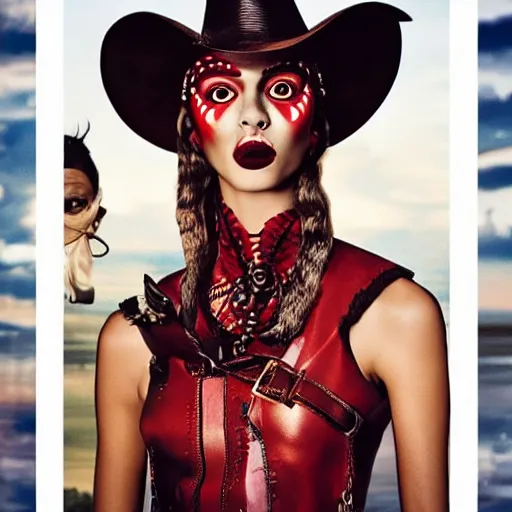 Prompt: dolce & gabbana campaign featuring jar jar binks as a female cowgirl, long eyeslashes, huge juicy lips, big seductive eyes, shot by mario testino, realistic vfx simulation