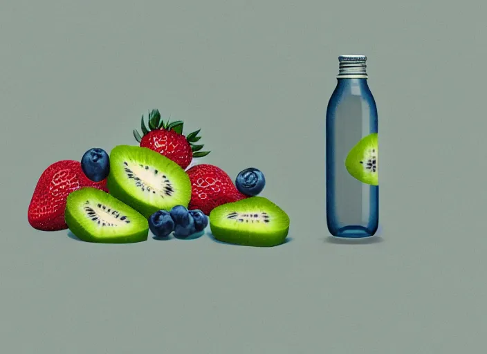 Image similar to ( ( dithered ) ), editorial illustration strawberries blueberries sliced kiwi sliced lemon inside a clear drinking bottle, isometric, modern art deco, mads berg, karolis strautniekas, christopher balaskas, stippled light, fog, fine texture, dynamic composition, matte print, muted color