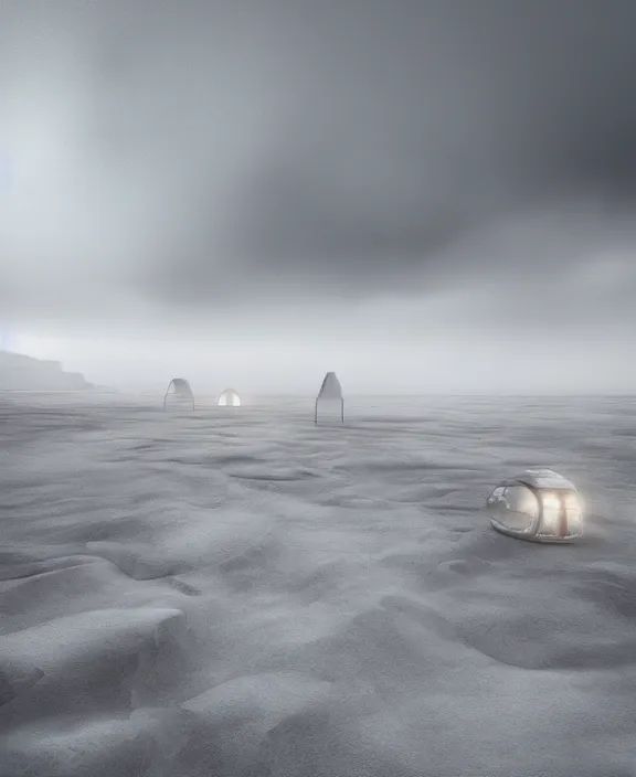 Image similar to surreal exploration, futuristic white architecture in the beach in iceland, foggy, highly detailed, digital painting, arstation, concept art, hyperealistic octane render, unreal engine,