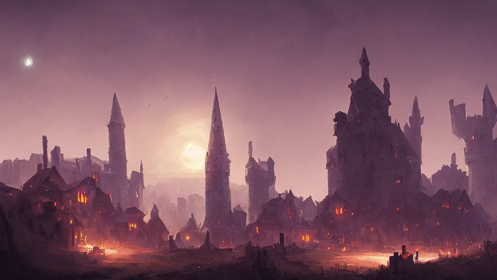 Prompt: A medieval fantasy village surrounding a wizard's spire on a hill, crescent moon, light glowing from windows at night, smoke from chimneys concept art by Greg Rutkowski