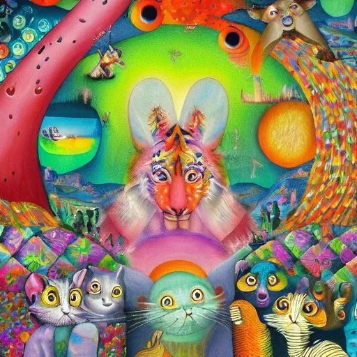 Prompt: a masterpiece collaborative painting by bosch and lisa frank