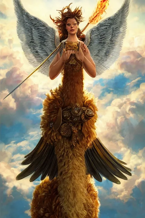 Image similar to A beautiful fierce llama angel with wings, wearing metal battle armor and a flaming sword, among heavenly sunlit clouds, close-up, intricate, elegant, digital painting, golden hour photo, cinematic, trending on artstation, concept art, smooth, sharp focus, illustration, art by artgerm and Greg Rutkowski and Alphonse Mucha