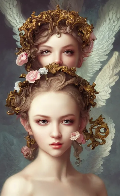 Image similar to pop surrealism, rococo, baroque hair, angelic young female seductive - fine - face, pretty face, key visual, realistic shaded perfect face, fine details by stanley artgerm lau, wlop, mark ryden, andrei riabovitchev, marc simonetti, and sakimichan, trending on artstation