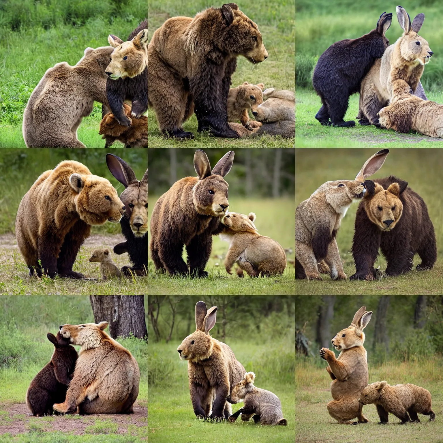 Prompt: bunny protecting bear from lion