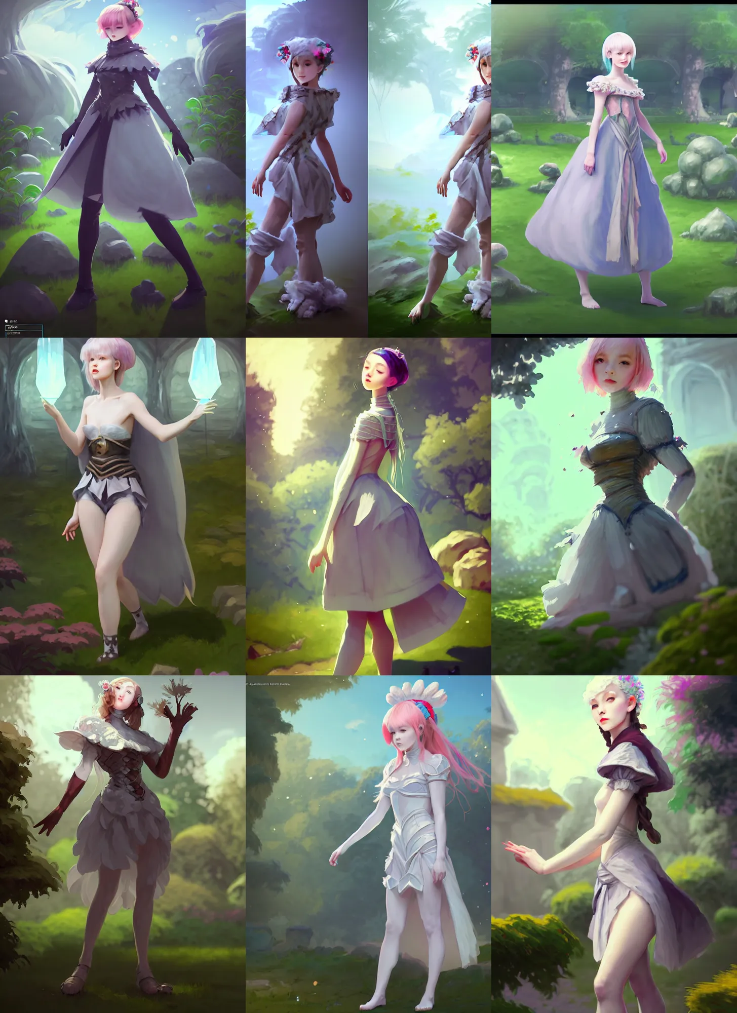 Prompt: photoshop traditional brushes test, costume design from ice golem designers, artist reference pictures pose, sophisticated composition, old masters light composition, procedurally generated, epic kawaii human girl character posing for concept art, ancient garden behind her, substance designer, PBR, HD, Ultra detailed, hyperrealistic, megascans, volumetric light, concept by master artist, made in paint tool SAI2, trending pixiv face