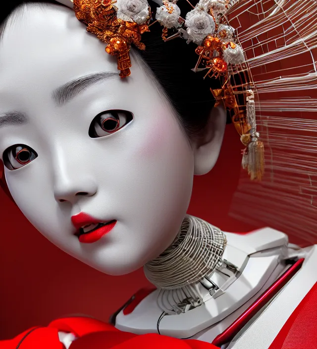 Image similar to portrait of a beautiful japanese robotic geisha with wires and actuators, porcelain white face, dramatic lighting, hyper - realistic, ultra - realistic, intricate details, japanese model, 8 k ultra high definition, octane render