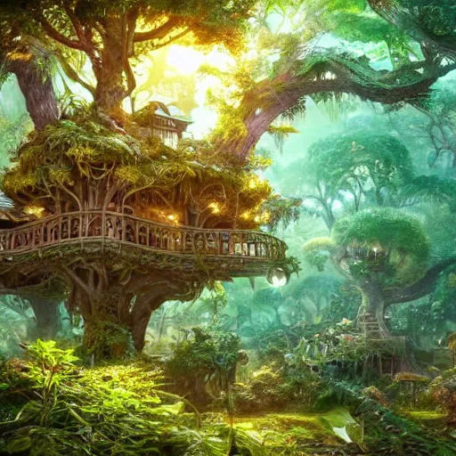 Image similar to an elaborate treehouse overgrown by bioluminescent plants, an ultrafine hyperdetailed illustration by kim jung gi, irakli nadar, intricate linework, bright colors, octopath traveler, final fantasy, unreal engine 5 highly rendered, global illumination, radiant light, detailed and intricate environment