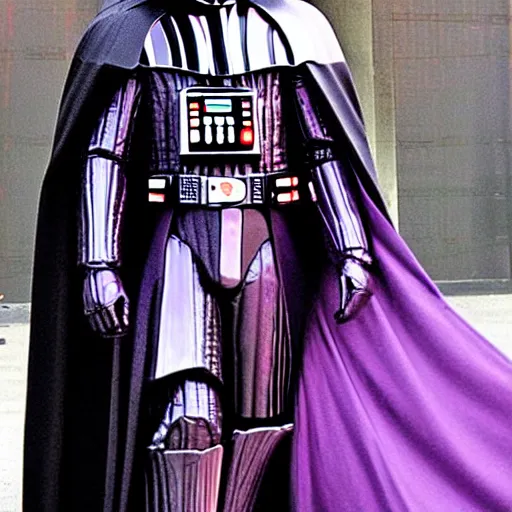 Prompt: darth vader is a pimp, wearing an oversized purple coat, gold jewlery, and a diamond tipped cane