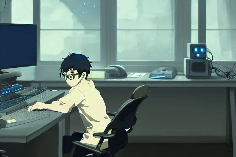 Prompt: a nerdy boy is programming at a computer in a room full of gadgets, very detailed face, by makoto shinkai and ghibli studio, dramatic lighting, highly detailed, incredible quality, trending on artstation