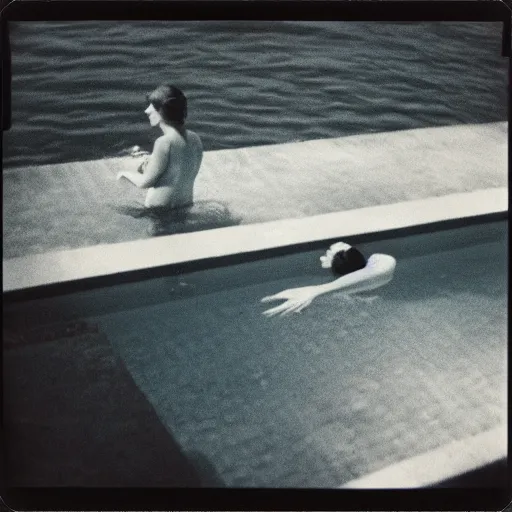 Prompt: a woman in the pool, a women under water, film camera style, la piscine 1 9 6 9 film aesthetics, 1 9 7 0 s, polaroid, los angeles landscape, evening