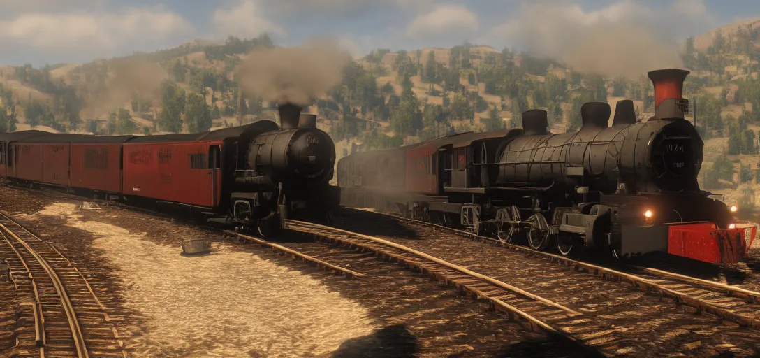 Image similar to A train in red dead redemption 2, screenshot, high quality image, widescreen, 8k, octane render