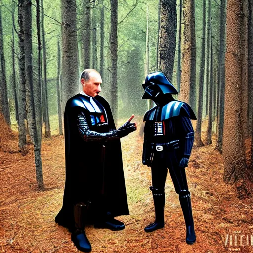 Image similar to darth vader meeting with vladimir putin in birch forest, drinking vodka