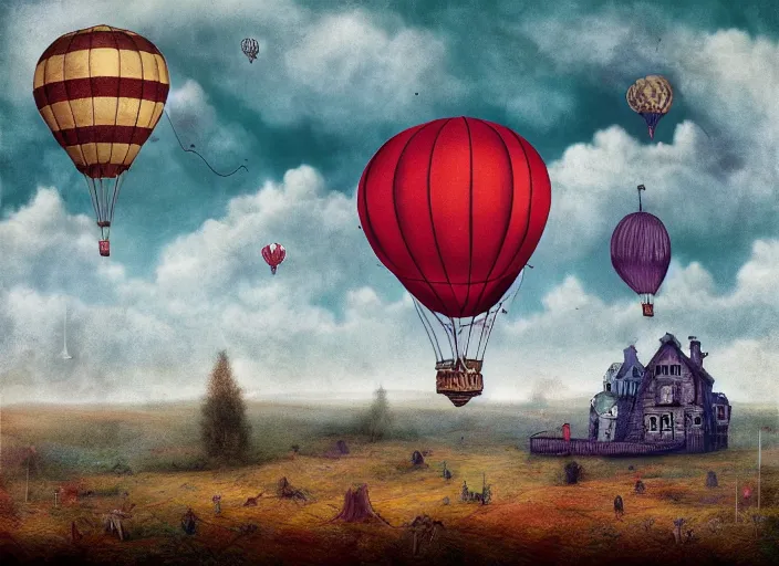 Prompt: single octopus shaped hot air balloon flying over english countryside, lowbrow, matte painting in the style of alexander jansson,