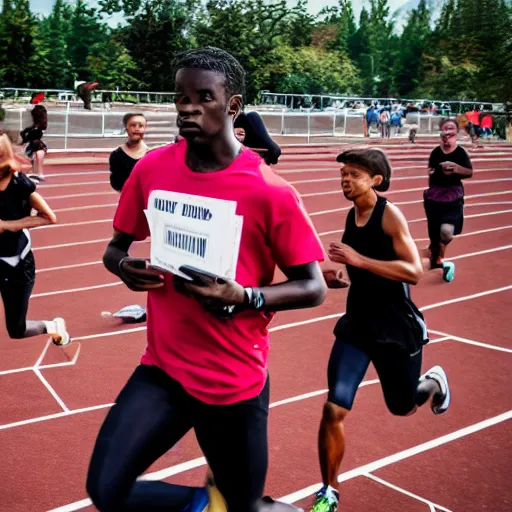 Image similar to photograph of an athletic man holding a bible while running. Bible is in their hands. Zombies in the background. Track and field event. DSLR Photography