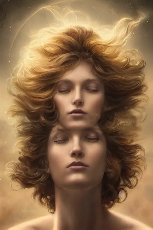 Prompt: wind blowing hair!!! meditation! a celestial psychedelic being, dreaming of the void, bust portrait, dnd, fantasy, intricate, elegant, highly detailed, digital painting, artstation, concept art, smooth, sharp focus, illustration, art by artgerm and tom bagshaw and greg rutkowski and alphonse mucha