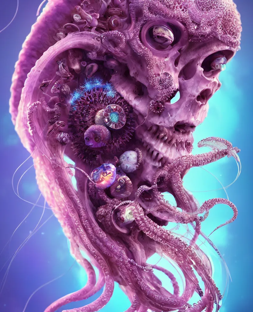 Image similar to goddess princess beautiful face close-up portrait ram skull. jellyfish phoenix head, nautilus, orchid, skull, betta fish, bioluminiscent creatures, intricate artwork by Tooth Wu and wlop and beeple. octane render, trending on artstation, greg rutkowski very coherent symmetrical artwork. cinematic, hyper realism, high detail, octane render, 8k