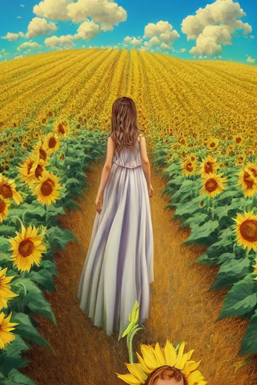 Prompt: a girl in really long dress slowly walking through amazing tall sunflower field, hair flowing, fanart, by concept artist gervasio canda, behance hd by jesper ejsing, by rhads kuvshinov, rossdraws global illumination radiating a glowing aura global illumination ray tracing hdr render in unreal engine 5, tri - x pan stock, by richard avedon